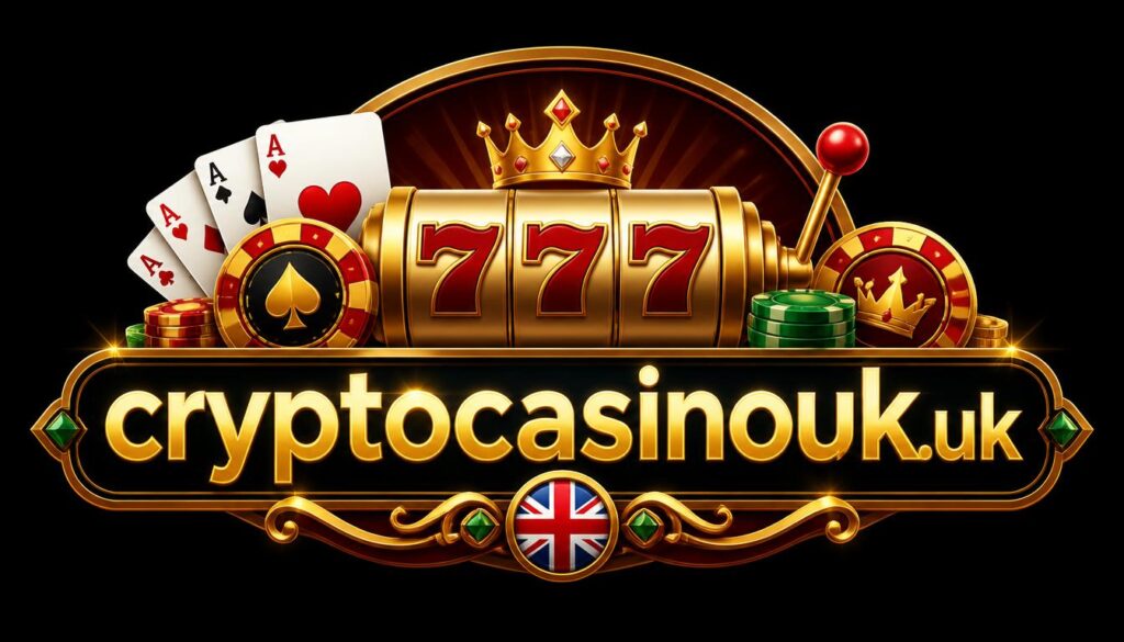 cryptocasinouk.uk badge: slot reels, cards and chips over the site name with a Union Jack