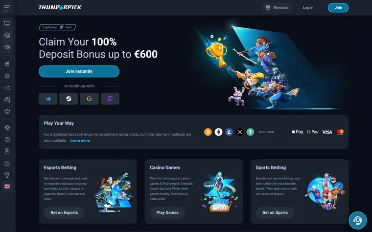 Thunderpick home page: a 100% deposit bonus up to €600, esports, casino and sports sections