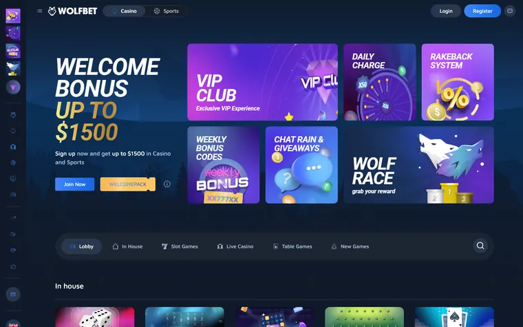 Wolfbet home page as it opens for a visitor